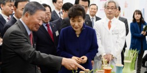 El presidente de LG Group, Koo Bon-moo (izquierda) señala las materias primas de cosméticos a la presidenta Park Geun-hye. En febrero último, LG Group anunció la apertura de unas 29,000 patentes a los capitalistas de riesgo y a las PYME locales para buscar un crecimiento equilibrado con ellos. 