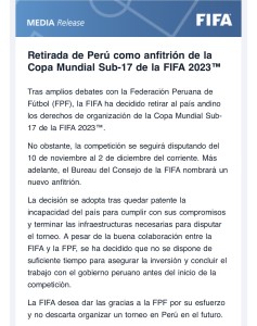 El comunicado de la FIFA que retira la la sede al Perú del Mundial Sub 17. 