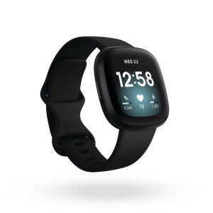 Product render of Fitbit Versa 3, 3QTR view, in Black and Black Aluminum.